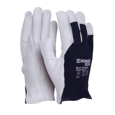 Védőkesztyű, kecskebőr, DONAU "Safety", 9/L méret, fehér-tengerészkék